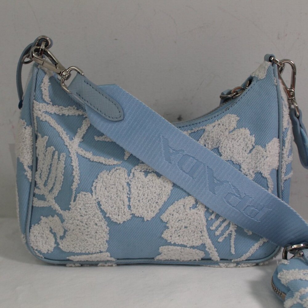 Prada Re-Edition 2005 Embroidered Drill Shoulder Bag wPouch Blue White Crossbody - Picture 12 of 16
